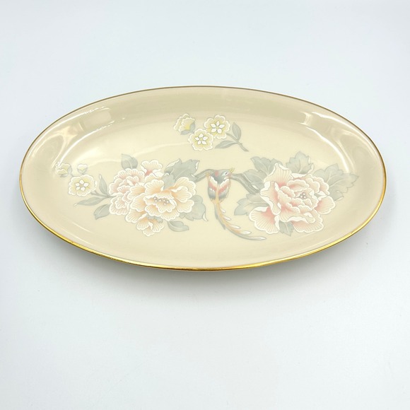 Lenox Other - VTG Lenox Floral Bird Oval Serving Platter Cream Gold Trim Chinoiserie USA 9.5in